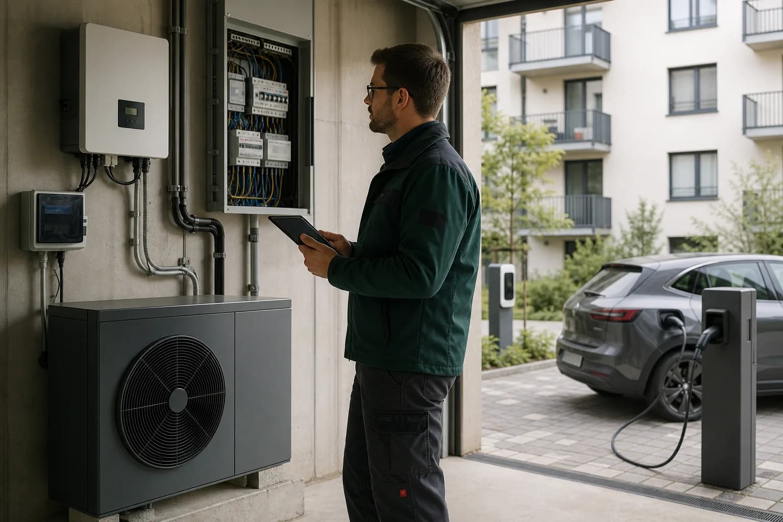 Techniker überwacht Lastmanagement, Wärmepumpe und Ladeinfrastruktur