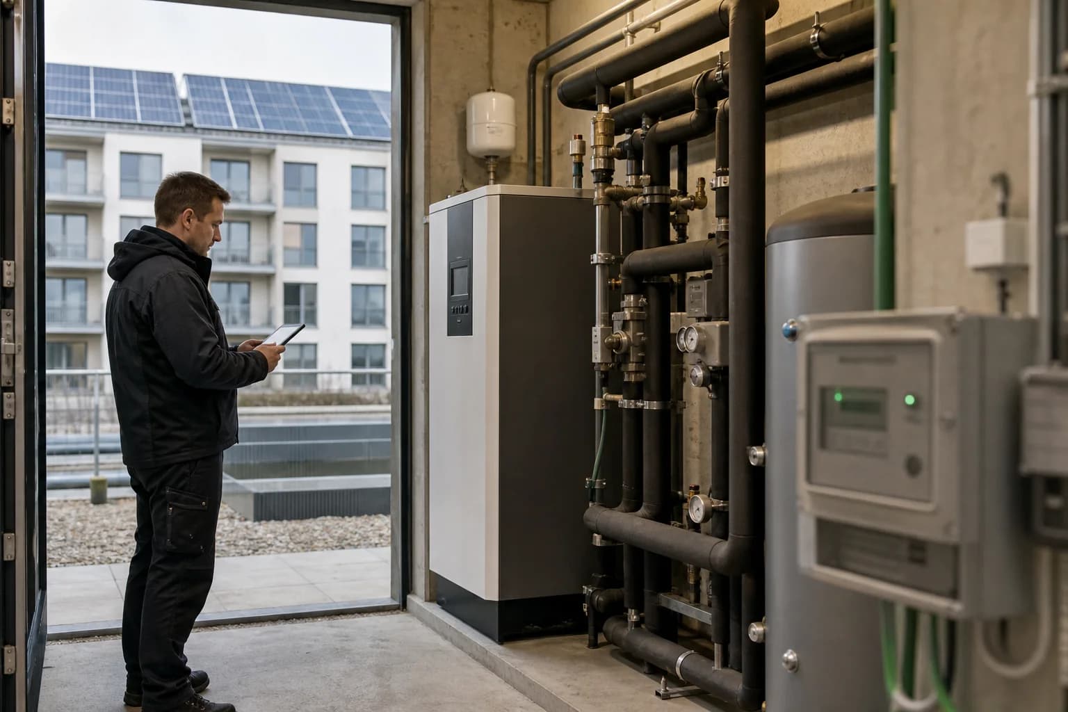 Techniker prüft Wärmepumpe und Messsystem eines Mehrfamilienhauses