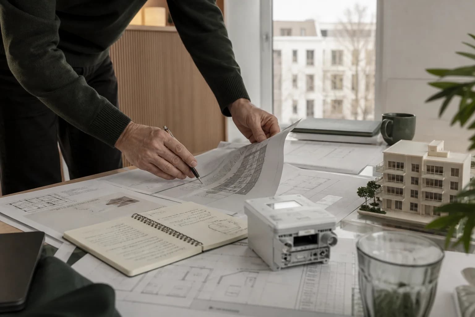 Fachunterlagen, Messkonzept und Gebäudemodell auf einem Arbeitstisch