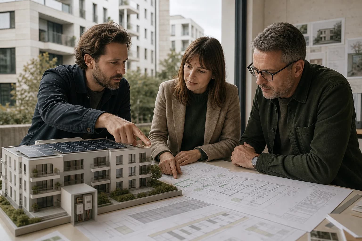 Projektteam bei der Machbarkeitsanalyse am Gebäudemodell