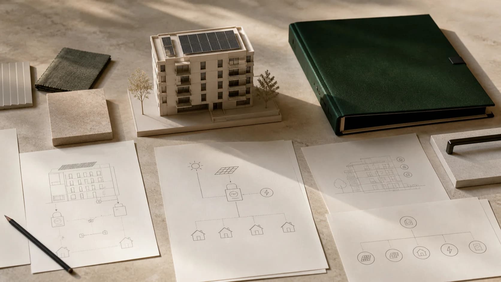 Architekturmodell und Fachunterlagen zum Begriff ESG-Reporting