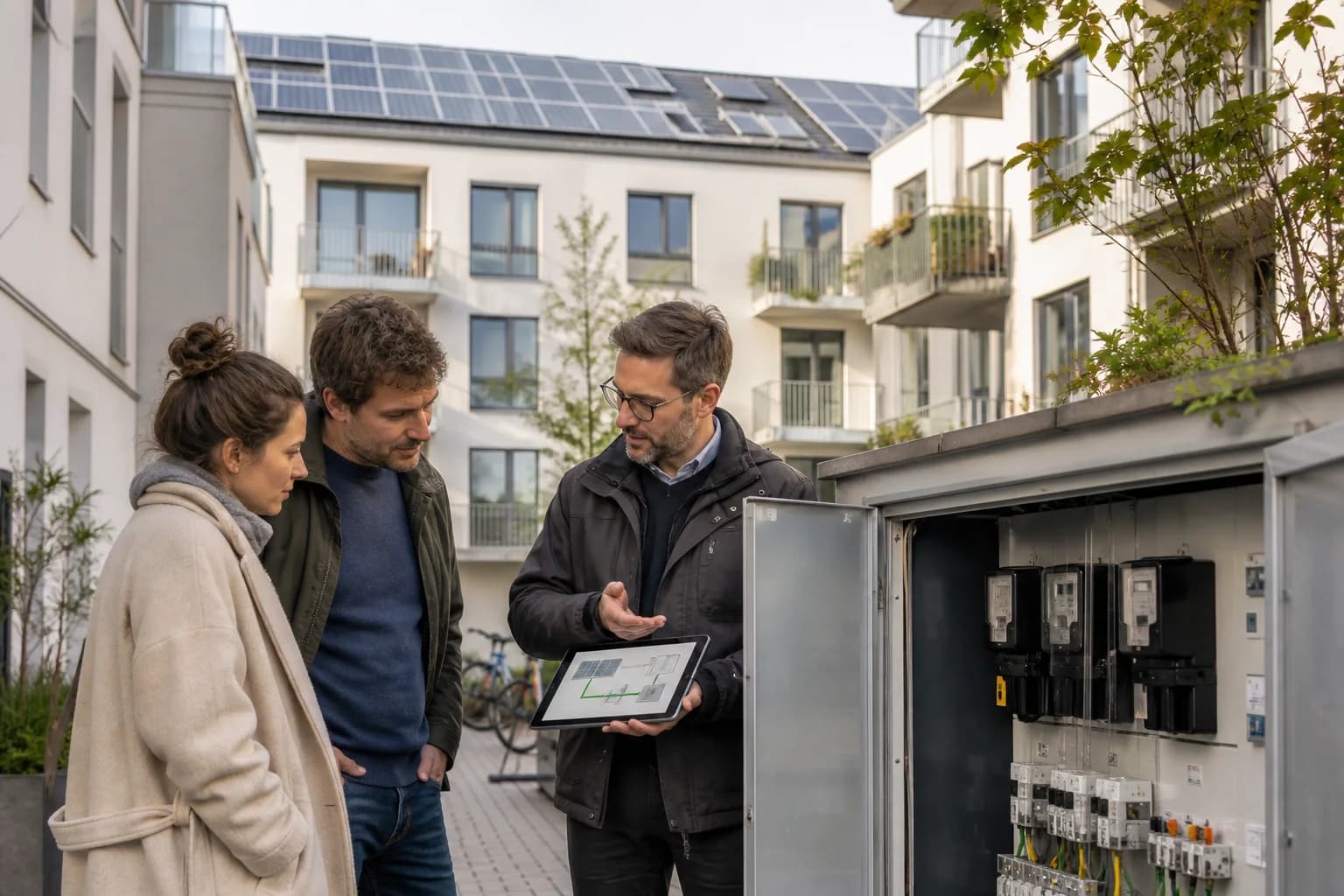 Bewohner und Techniker besprechen die gemeinsame Stromversorgung ihres Gebäudes