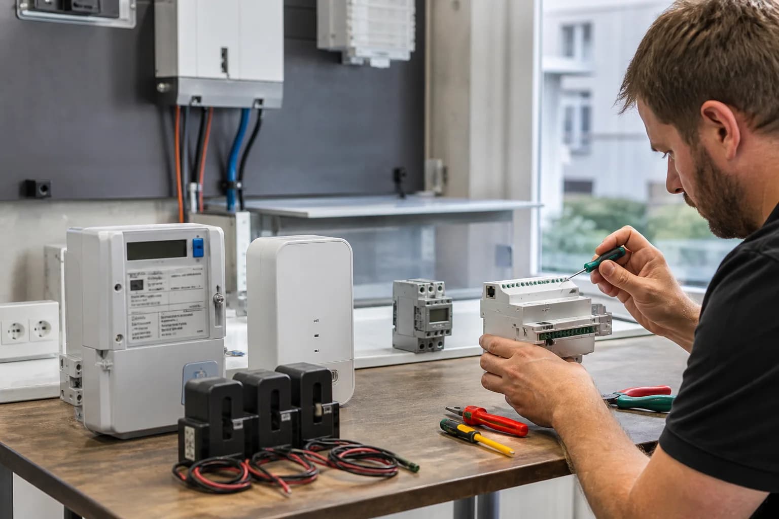 Smart Meter, Gateway und Steuerungskomponenten auf einer Werkbank