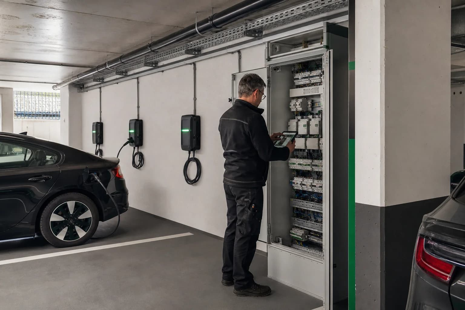 Techniker nimmt Wallboxen und Lastmanagement in einer Tiefgarage in Betrieb
