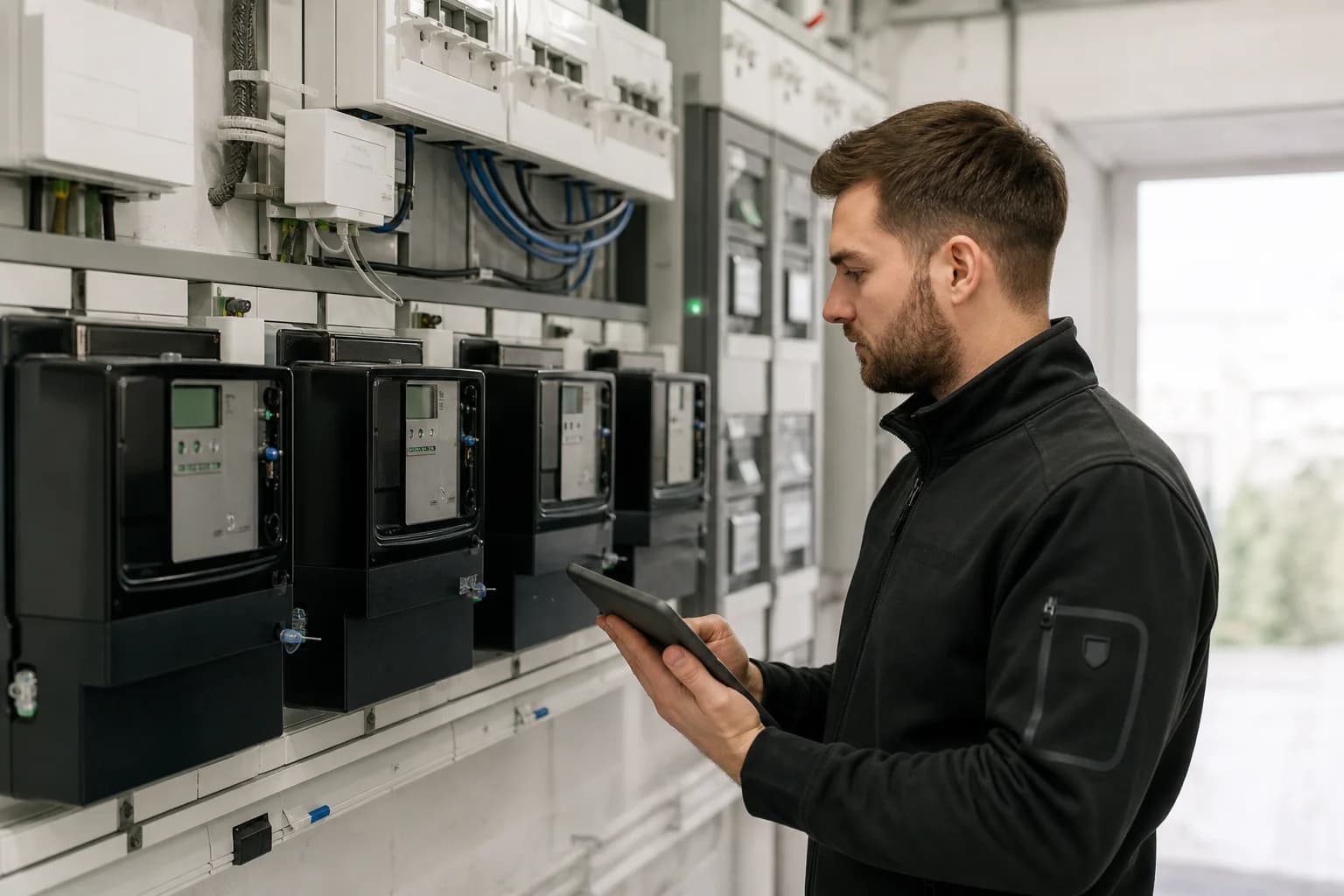 Techniker prüft eine moderne Smart-Meter-Installation